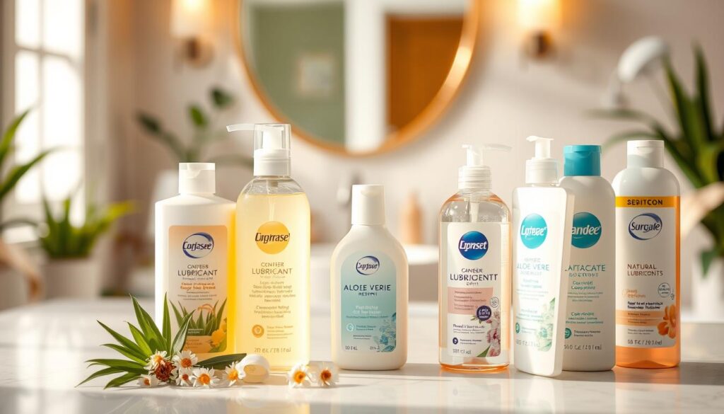 A serene and inviting scene featuring a selection of lubricants suitable for sensitive skin. In the foreground, a tastefully arranged display of various lubricant bottles with soft, gentle packaging designs, accompanied by natural ingredients such as aloe vera and chamomile, symbolizing sensitivity and care. The middle ground contains a soft-focus image of a softly lit bathroom countertop, creating a calming atmosphere. In the background, gentle greenery and soothing pastel colors evoke a sense of tranquility. The lighting is warm and diffused, highlighting the textures of the bottles and the natural elements. The overall mood should feel safe, welcoming, and nurturing, inviting consumers to make informed choices for sensitive skin.