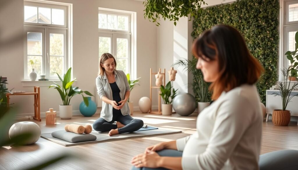 A serene and inviting therapy room for pelvic floor therapy, featuring modern equipment and soft, calming colors. In the foreground, a professional therapist in modest casual clothing is gently demonstrating exercises with a female client, both focused and engaged in the healing process. The middle ground showcases a comfortable treatment area with plush mats, exercise balls, and anatomical models. Natural light streams in from large windows, creating a warm and welcoming atmosphere. The background is adorned with greenery, emphasizing a holistic approach to health and wellness. The overall mood is supportive and encouraging, reflecting the importance of personalized treatment in postpartum recovery. The image is framed with a slightly blurred focus, ensuring the subject is prominent.