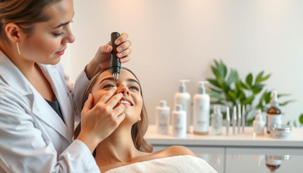 A serene and professional skincare clinic setting, focusing on the concept of post-treatment care for skin rejuvenation. In the foreground, a skilled aesthetician, wearing a clean white lab coat, is gently applying a hydrating serum to a client's face, which is free of makeup, highlighting the importance of deep hydration. The client appears relaxed and calm, enjoying the pampering treatment. In the middle ground, elegant bottles of skincare products and tools are neatly arranged on a polished countertop, illuminated by soft, diffused lighting that creates a warm atmosphere. The background features soothing pastel colors and soft greenery, adding to the tranquil feeling of the scene. The overall mood is peaceful, emphasizing care and professionalism in skincare routines.