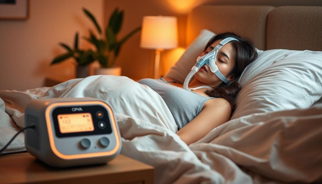 A serene bedroom setting showcasing the benefits of a sleep apnea machine. In the foreground, a modern, sleek CPAP machine with a soft, glowing display sits on a bedside table next to a comfortable, neatly made bed. The middle ground features a relaxed person in modest sleepwear, peacefully resting with a CPAP mask gently fitted. Their face reflects a calm expression, symbolizing restful sleep. In the background, soft lighting casts warm tones, enhancing a tranquil atmosphere, with minimalistic decor that promotes wellness, like plants or calming colors. Capture this scene using a soft-focus lens to create an inviting, peaceful mood, emphasizing health and tranquility.