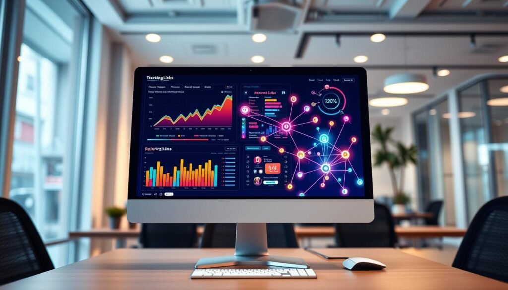 A vibrant, digital representation of a dynamic tracking link system for a referral program based at an online entertainment platform. In the foreground, a sleek computer screen displays colorful graphs and animated data visualizations showcasing statistics related to user engagement and referral rewards. The middle layer features interconnected visual elements symbolizing referral links, such as bright arrows and nodes, illustrating how links are generated and tracked. The background includes a modern office setting with subtle ambient lighting, conveying a professional atmosphere. Use a wide-angle lens perspective for depth, ensuring a clean, organized composition. The overall mood should be energetic and innovative, reflecting progress and technology without any text or overload of information.