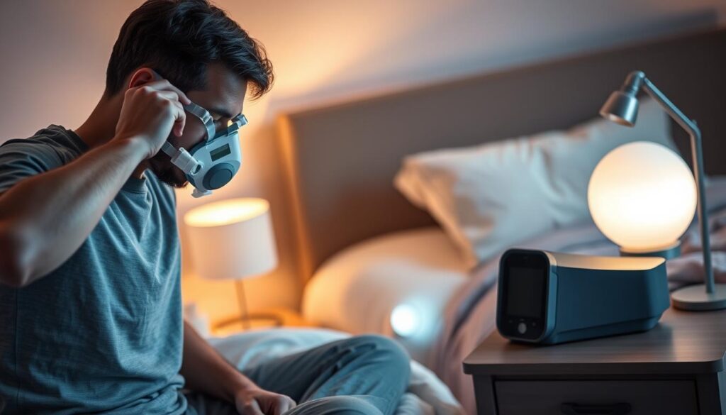 A well-lit, cozy bedroom scene featuring a person in modest casual clothing demonstrating the proper use of a sleep apnea machine. In the foreground, the individual adjusts the mask with a focused expression, showing the importance of comfort and fit. In the middle, the sleek machine is placed on a bedside table with a soft nightlight illuminating it, creating a calming atmosphere. In the background, a neatly made bed with cozy bedding adds to the peaceful vibe, ensuring that the room appears inviting and conducive to sleep. The overall mood is tranquil, emphasizing the theme of improving sleep quality through correct usage of the sleep apnea device. Use soft, warm lighting to enhance the sense of relaxation.