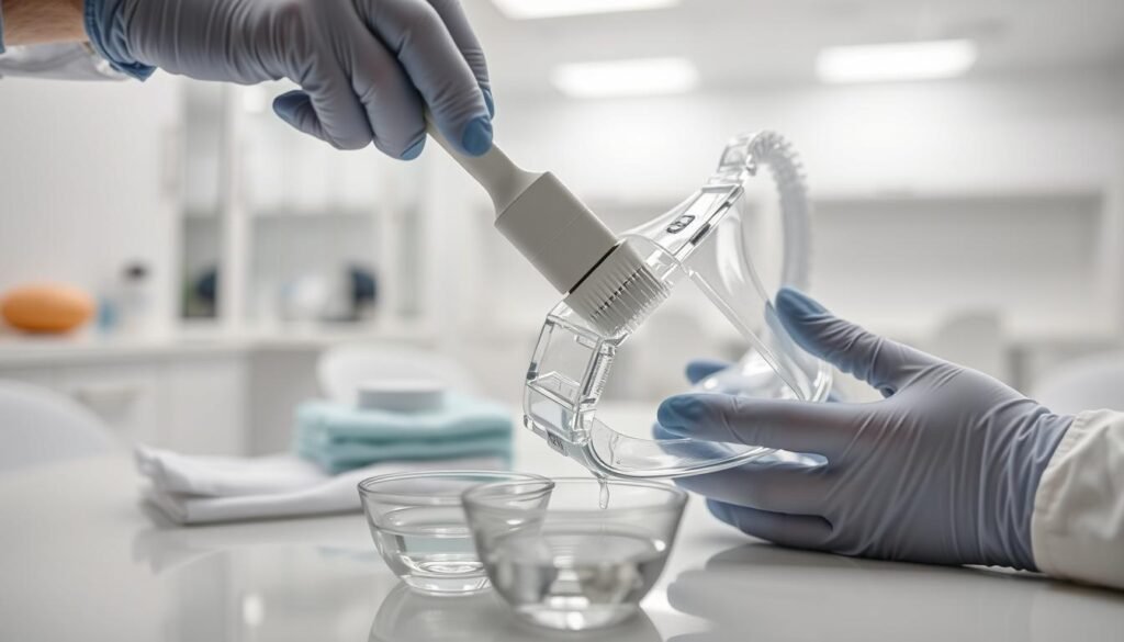 A close-up of a hands-on cleaning process for a sleep apnea CPAP mask in a well-lit, sterile environment. In the foreground, a pair of gloved hands gently scrubbing the transparent silicone mask with a soft brush, emphasizing the importance of hygiene. The middle layer showcases a neat arrangement of cleaning supplies, such as a disinfectant spray, soft cloths, and a small bowl of warm, soapy water. In the background, softly blurred white medical-grade surfaces and bright overhead lighting create a clinical, clean atmosphere that highlights professionalism. The image should convey a sense of care and attention to detail in maintaining the equipment, with a focus on health and safety.