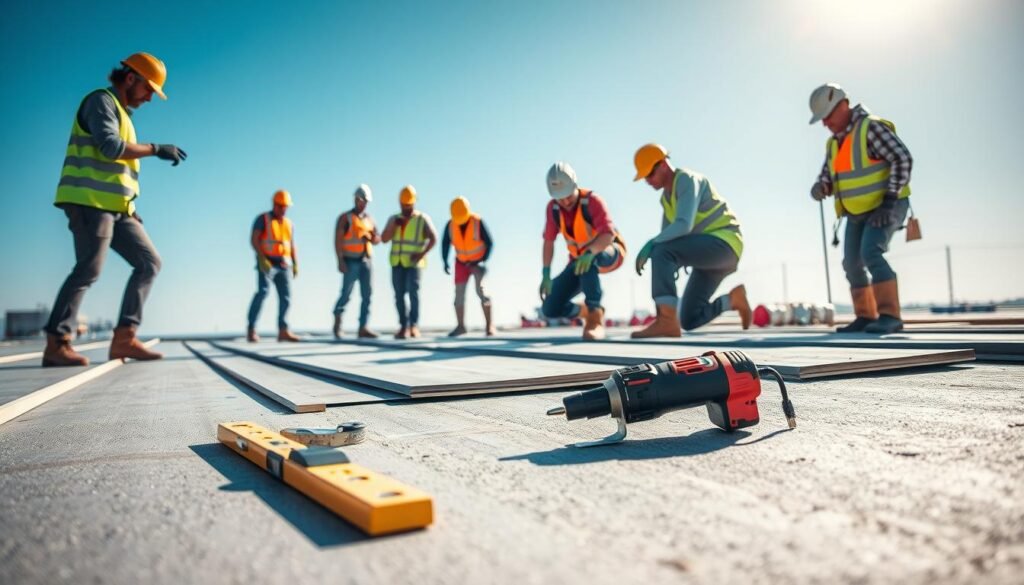 A construction site showcasing the installation of flat roofing sheets. In the foreground, a diverse team of professional workers, dressed in safety gear—hard hats, gloves, and work boots—carefully align and secure roofing sheets on a flat surface. In the middle ground, tools like a level, measuring tape, and an electric screwdriver are neatly arranged, emphasizing a well-organized workspace. The background features a clear blue sky, with sunlight casting warm, natural light over the scene, highlighting textures on the roofing material. Capture the scene from a slightly elevated angle to show depth and perspective, evoking a sense of teamwork and professionalism in roofing installation practices.