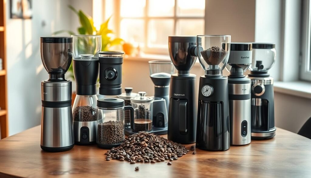 A detailed selection guide for coffee grinders, prominently displayed on a wooden table in a cozy office corner. The foreground features a variety of high-quality electric coffee grinders, showcasing different designs and colors, each placed on a sleek surface. In the middle, display an aesthetically pleasing arrangement of coffee beans and a set of coffee brewing tools, emphasizing the importance of selection. The background displays soft-focus office elements like a potted plant and a window with warm, natural light cascading in, creating a welcoming atmosphere. Use soft, diffused lighting to highlight the textures of the grinders and coffee beans. Aim for an inviting and professional mood, suitable for a workspace focused on quality coffee brewing.