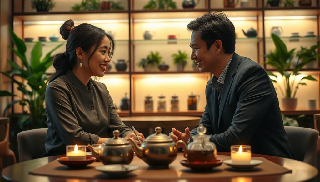 A warm and inviting café scene in Taichung, showcasing two professional individuals engaged in a deep conversation over a tea service. In the foreground, a table elegantly set with traditional Taiwanese tea utensils, including a teapot and delicate cups, surrounded by soft, glowing candlelight. In the middle, the two characters—a woman in a smart blouse and a man in a neat blazer—leaning in closely, sharing smiles that reflect trust and connection. The background features softly illuminated shelves lined with various tea selections and lush green plants, enhancing the cozy and intimate atmosphere. The scene is captured with a shallow depth of field, focusing on the subjects while gently blurring the background. The overall mood is warm and cinematic, emphasizing the importance of building trust in personal interactions.