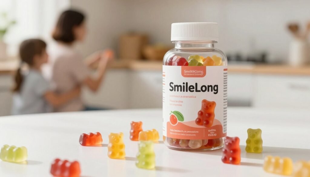 A colorful, inviting image of a bottle of children's health gummies prominently labeled "SmileLong," placed on a clean white surface to emphasize safety and quality. In the foreground, a few vibrant, gummy bear shapes are scattered around the bottle, showcasing their fun appearance. The middle ground features an organized array of soft, natural light creating a warm atmosphere that highlights the gummies' appealing textures and vivid colors. In the background, a blurred outline of a family-friendly kitchen can be seen, symbolizing a safe and nurturing environment for children. The overall mood should feel trustworthy and positive, evoking feelings of health and security for parents considering these products for their children. Aim for a soft depth of field, with sharp focus on the bottle and gummies, and warm lighting enhancing the scene.