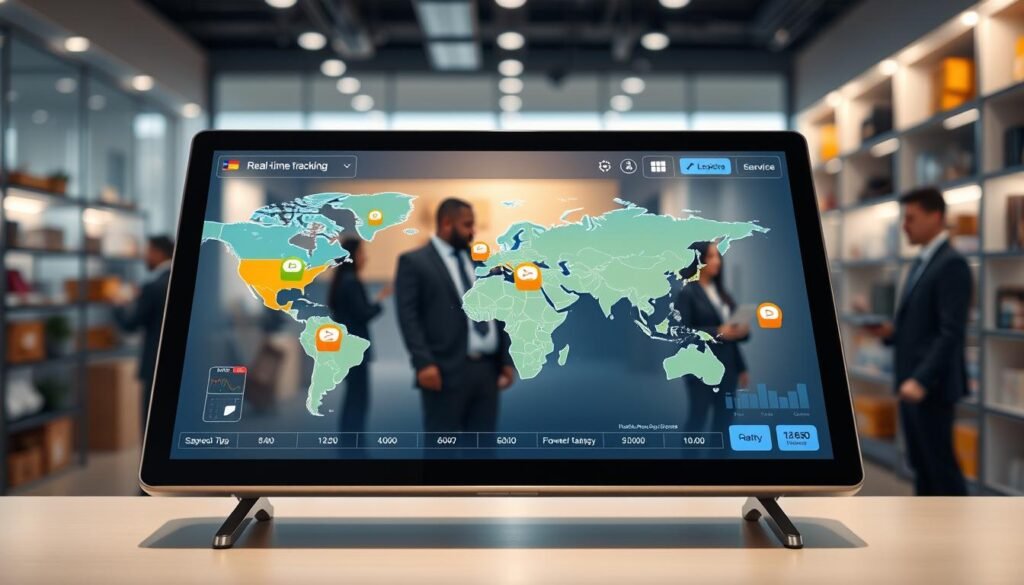 A modern and sleek interface showcasing a real-time tracking system for American purchasing services. In the foreground, a high-tech touchscreen device displays a colorful map with animated package icons in transit, highlighting the logistics process. The middle layer should feature diverse individuals, depicted in professional business attire, interacting with the system, appearing focused and engaged. The background can include an office environment with soft, ambient lighting, and shelves filled with various products symbolizing global shopping. The overall mood should convey efficiency, innovation, and trust, with a blend of warm and cool colors to create a welcoming yet professional atmosphere.