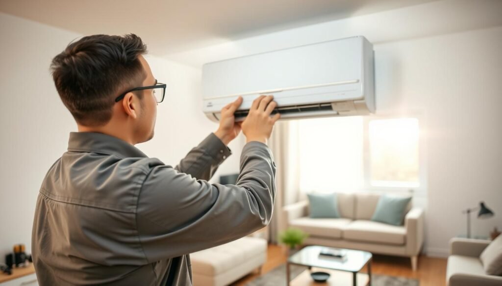 A professional technician installing a split-type air conditioner in a modern living room. In the foreground, the technician, dressed in a neat uniform, carefully mounts the indoor unit on the wall, surrounded by tools like a screwdriver and a drill. The middle-ground shows the split AC unit being aligned to the wall, emphasizing precision. In the background, a well-lit room with neutral colors and minimalistic furniture highlights the setting, with natural light streaming in from a window, creating a warm atmosphere. The image should have a focus on the installation process, capturing the technical details while maintaining a clean and organized appearance, evoking professionalism and efficiency.