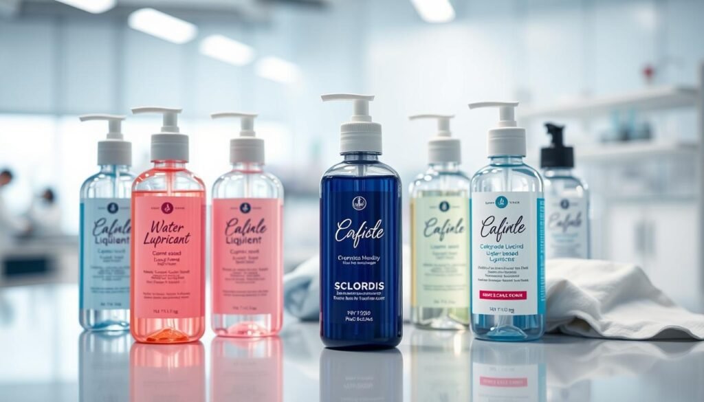 A close-up view of a variety of water-based lubricants on a sleek, modern surface. In the foreground, several bottles of clear and colorful lubricant with elegant designs, showcasing their textures and consistencies, appear inviting and professional, highlighting their unique qualities. In the middle ground, there are subtle elements like a smooth latex glove and a soft fabric, emphasizing the compatibility with latex products. The background features a softly blurred laboratory setting, conveying a sense of scientific professionalism. The lighting is bright and clean, creating a fresh and hygienic atmosphere, while the angle is slightly tilted to give a dynamic perspective. The overall mood is informative and engaging, designed to enhance understanding of the characteristics and benefits of water-based formulations in a friendly and approachable manner.