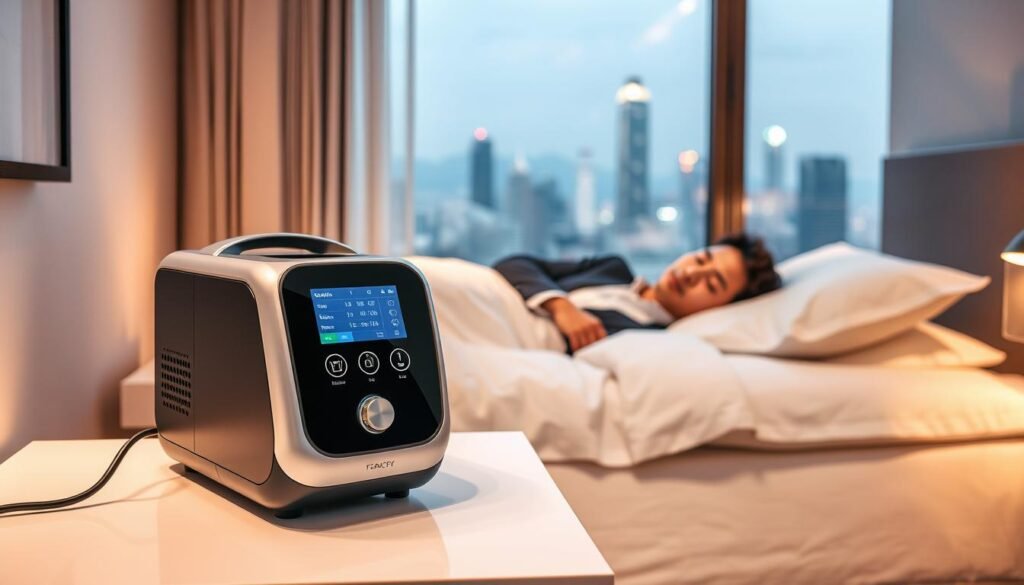 A modern sleep apnea machine designed for Hong Kong users displayed prominently in a sleek, well-lit bedroom setting. In the foreground, the machine is shown on a bedside table, featuring a compact and user-friendly design with intuitive buttons and a display screen. In the middle ground, a relaxed individual in professional business attire is peacefully sleeping on a comfortable bed, with a light duvet and soft pillows. The ambiance is serene, with gentle, warm lighting creating a calming atmosphere. In the background, a window reveals a city skyline, showcasing Hong Kong’s distinctive architecture. The image captures the harmony of advanced technology and restful sleep, highlighting its suitability for local users in an urban context.