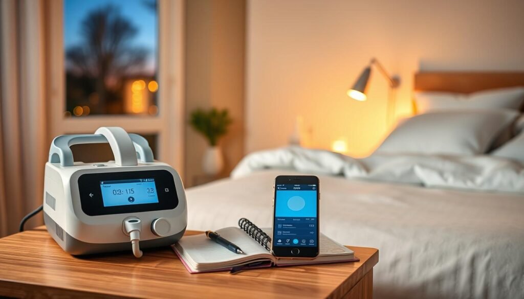 A serene and informative scene showcasing a user managing their treatment process with a sleep apnea machine. In the foreground, a well-organized bedside table displays a CPAP machine, a journal, and a smartphone displaying a health app. The middle ground features a soothing bedroom environment with a neatly made bed, soft pillows, and gentle ambient lighting that casts a warm glow. A scenic window view reveals a peaceful twilight, hinting at relaxation. The atmosphere is calm and focused, ideal for the user’s self-management journey. The composition should be shot from a slightly elevated angle, capturing both the bedside items and the inviting room, ensuring a sense of tranquility and empowerment in the treatment process.