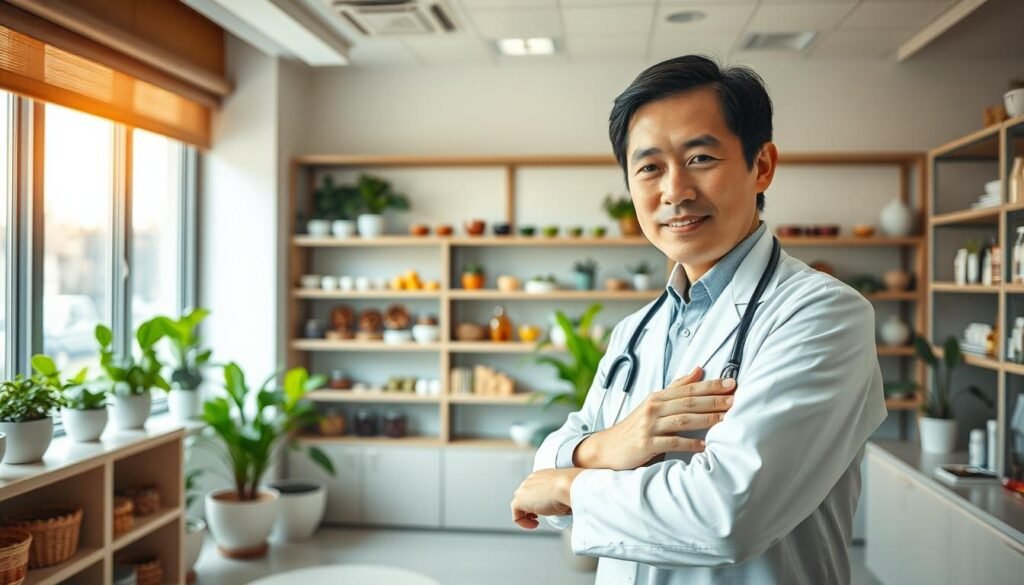 A serene clinic setting in Hong Kong, emphasizing traditional Chinese medicine approaches to eczema treatment. In the foreground, a calm, professional-looking doctor, dressed in modest attire, examines a patient’s arm with visible eczema, showcasing holistic treatments like herbal remedies and acupuncture. In the middle ground, shelves filled with herbal ingredients and traditional medicine tools create an authentic atmosphere. The background features large windows that allow warm, natural light to stream in, highlighting vibrant plants that symbolize healing. The overall mood is tranquil and hopeful, reflecting the adaptability of traditional medicine in treating eczema in a contemporary urban setting. The composition is bright and inviting, intended to inspire confidence and trust in alternative healing practices.