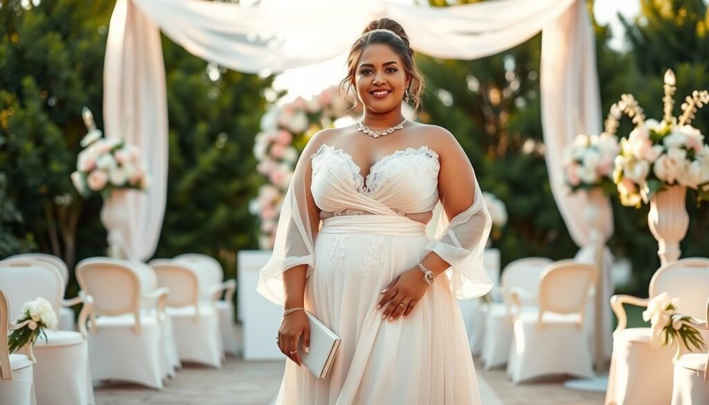 A stylish plus-size woman in an elegant wedding outfit, combining classic and modern fashion elements, stands confidently in a beautifully decorated outdoor wedding venue. Her gown features flowing fabrics with tasteful draping that flatter her figure, complemented by soft pastel colors and delicate lace details. She accessorizes with tasteful jewelry and a chic clutch. The background shows lush greenery and soft floral arrangements that enhance the romantic atmosphere, illuminated by soft, warm sunlight. The image captures a medium shot, focusing on her confident pose and radiant smile, reflecting a blend of Marrizine’s fashion-forward style and graceful wedding aesthetics. The overall mood is celebratory and inspirational, perfect for readers seeking fashion tips.